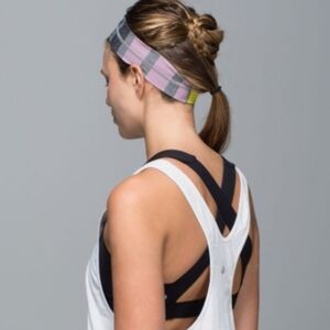 Lululemon "Fly Away Tamer" headband- Triplet Stripe/Mauvelous Heathered slate